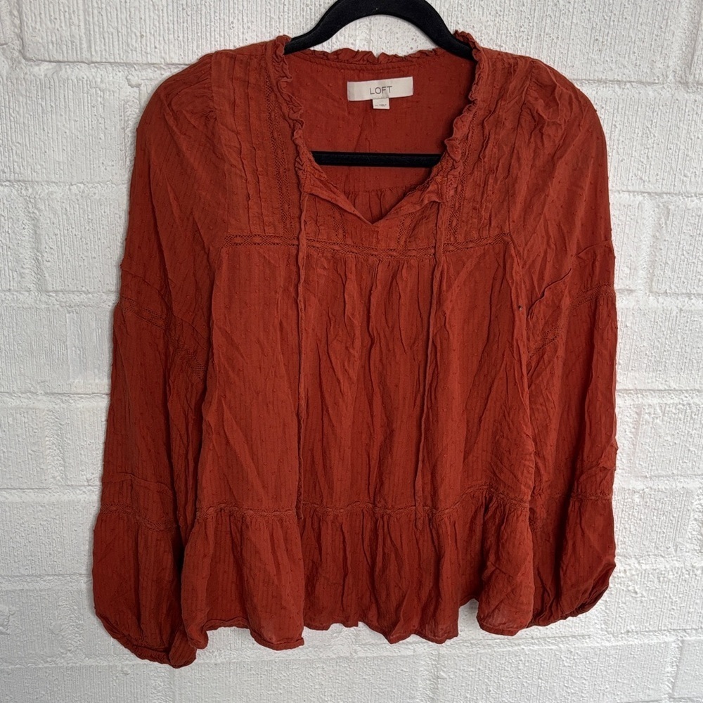 LOFT Babydoll Lace Pleated Long Sleeve Terracotta Blouse sz M